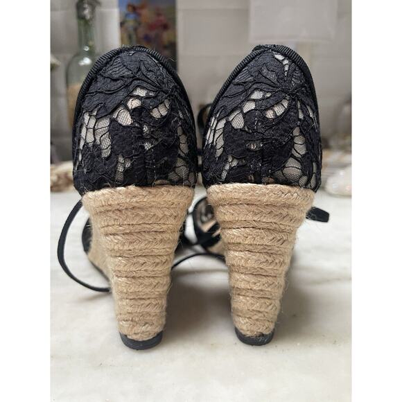 VALENTINO GARAVANI Black Lace Ankle Bow Straps Pointy Toe Espadrilles 38 unique - Picture 7 of 13